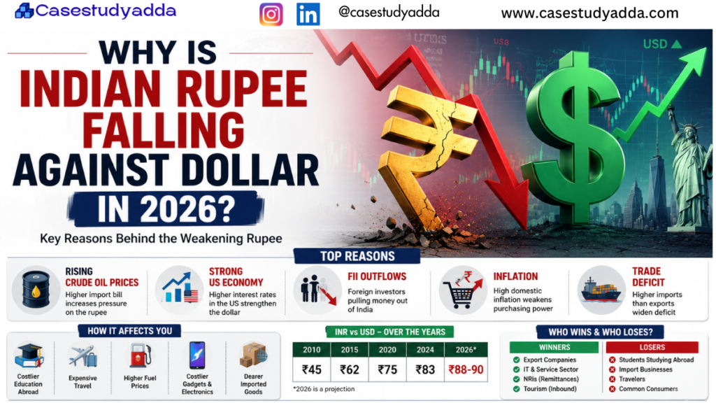 Why Is Indian Rupee Falling Against Dollar in 2026? by casestudyadda